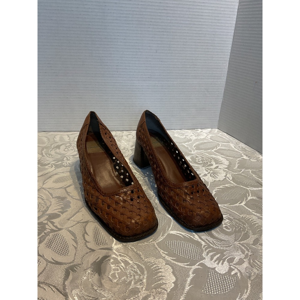 Caprice Block Heel Pumps Womens 7 Brown Good Woven Leather Square Toe Brazil